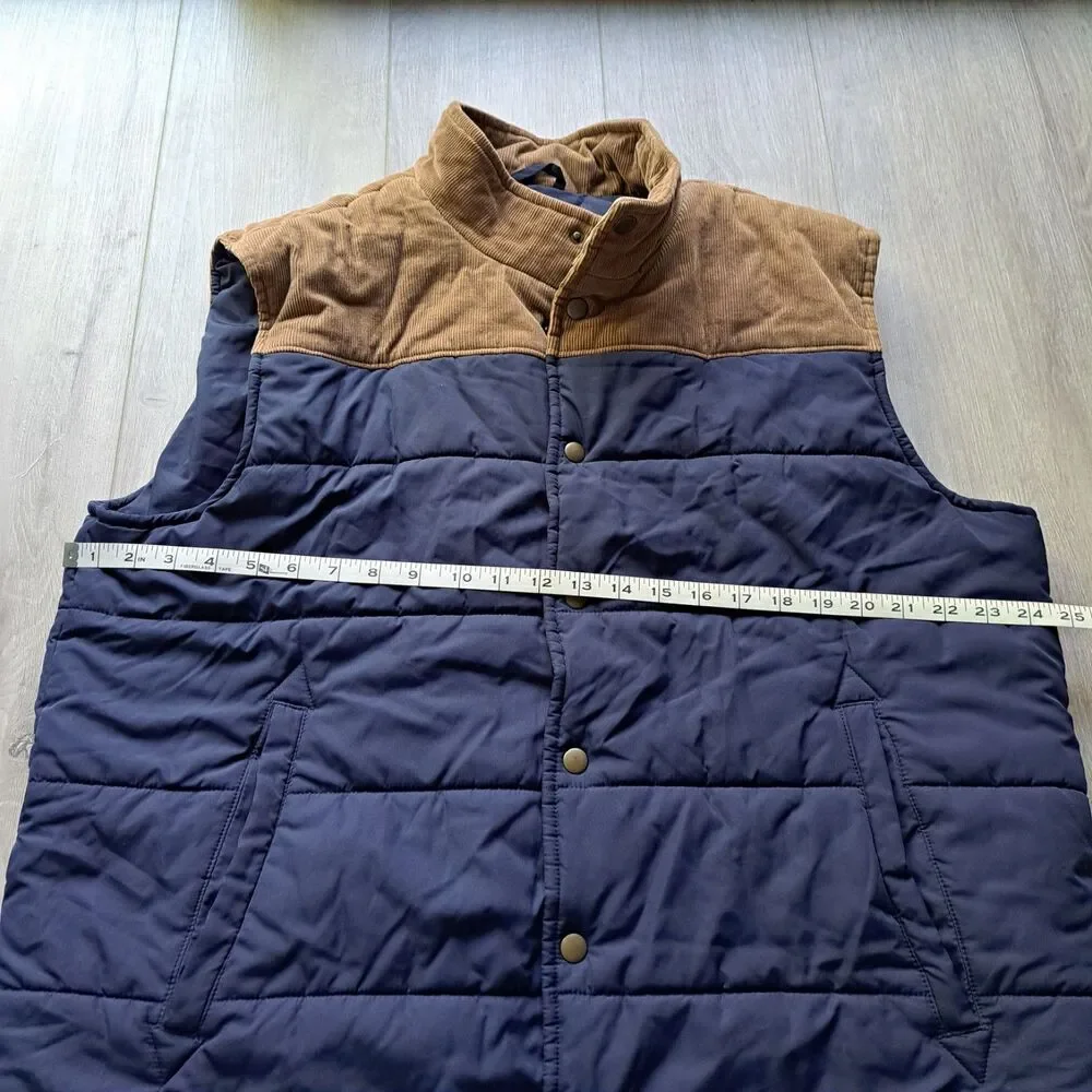 J.Crew Men's Puffer Vest Navy‎ Blue with Brown Corduroy Trim Size XL